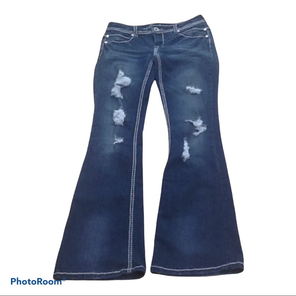 Rue 21 Premiere Distressed Flare Leg Bell Bottom Jean Sz 3/4